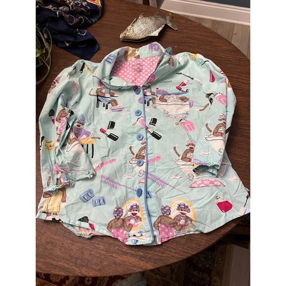 Nick & Nora 2 Piece Sock Monkey Womens Blue Cosmetics Makeup  Pajama Set Size S - Picture 7 of 7